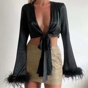 Black Satin Tie-Front Top with Feather Cuffs, Size S